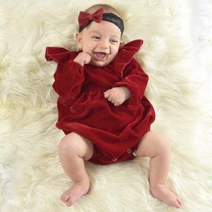 Red Velvet Angel Winged Full Sleeves Romper - Yo Baby